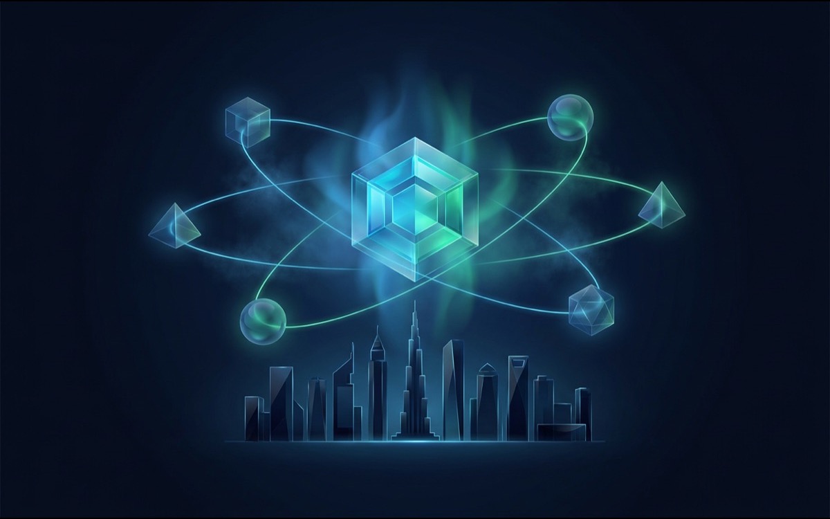 A glowing core orbited by connected modules above the Dubai skyline
