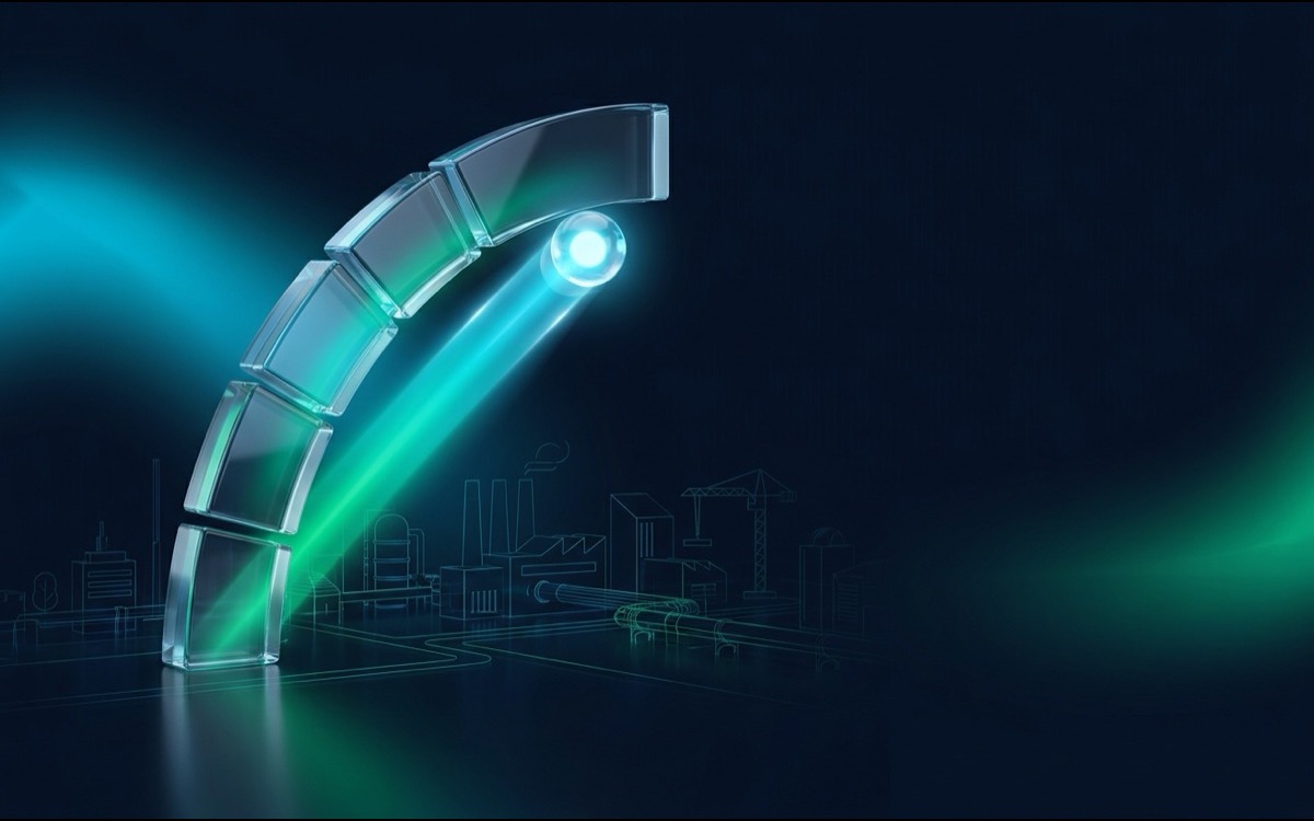 A rising arc gauge of luminous segments above an abstract industrial landscape